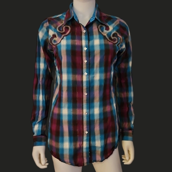 Vtg ROCK 47 1990s Plaid Metallic Long Sleeve Western Snap Shirt - Picture 1 of 9